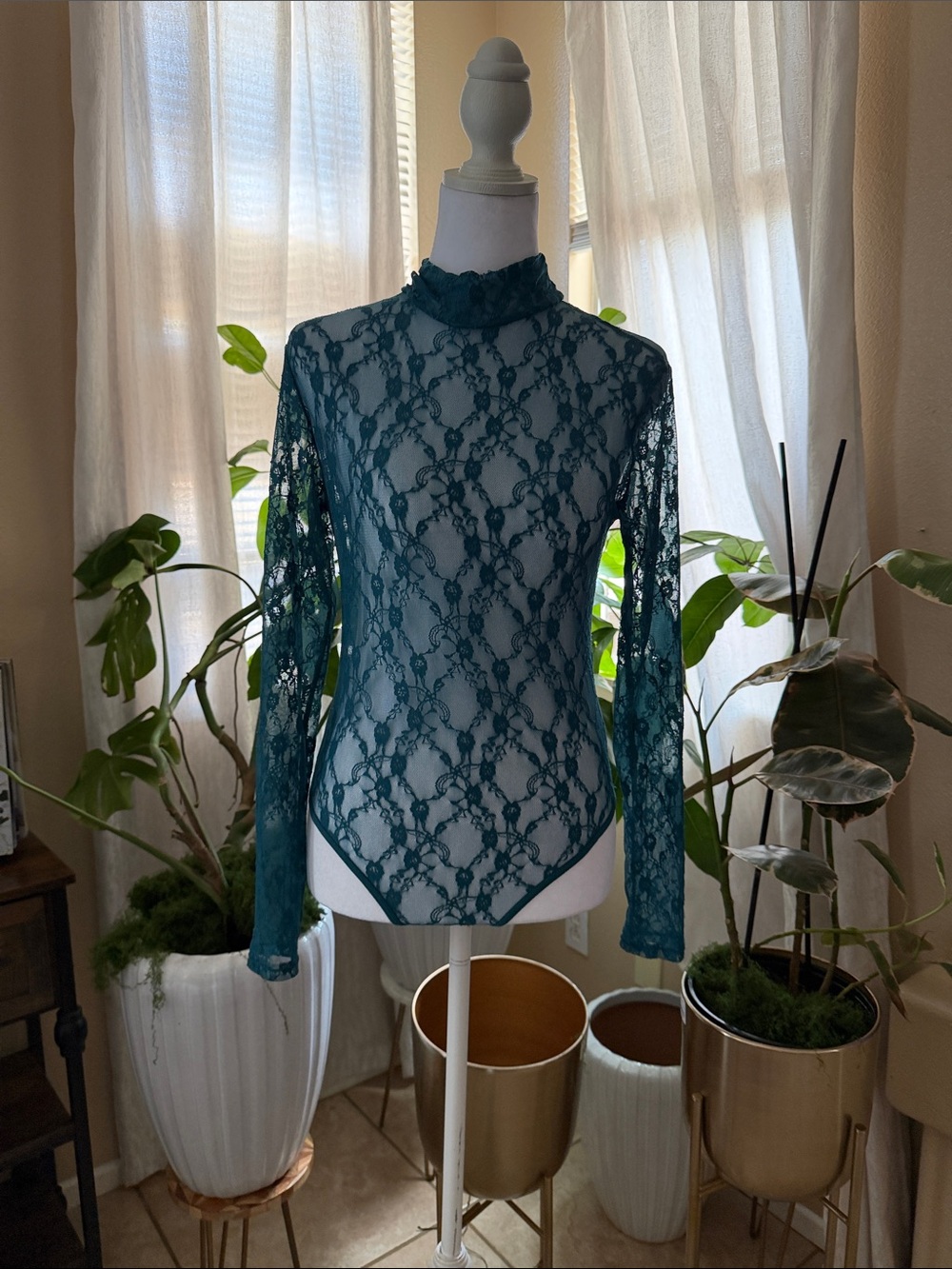Sheer Teal Lace Mock-Neck Bodysuit